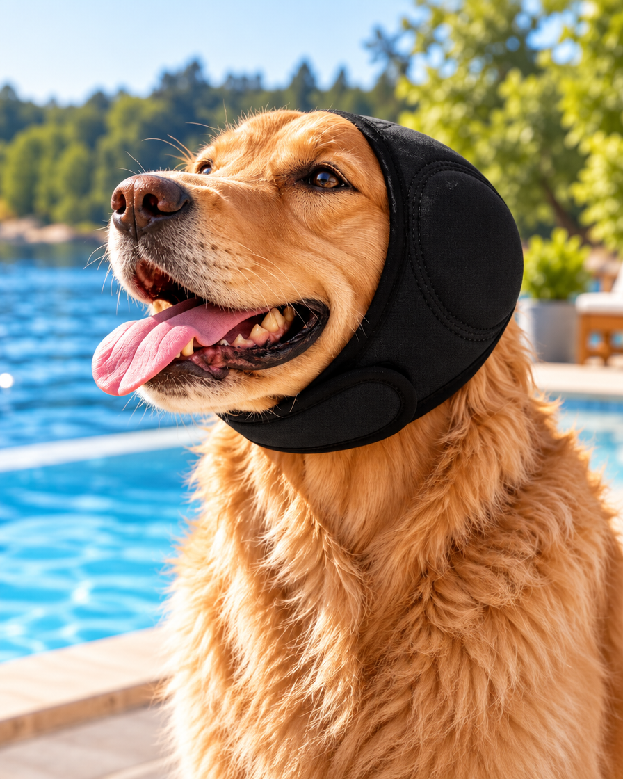 Golden retriever wearing the black dog ear cover by a swimming pool